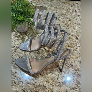 Steve Madden Bali Silver Rhinestone Wrap Ankle Almond Toe Sandal Heels 9.5